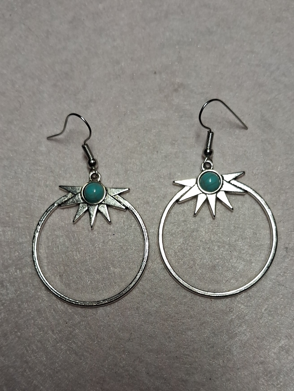 265- Silvertone Hoop Earrings with Faux Turquoise Accent - Sunburst Design
